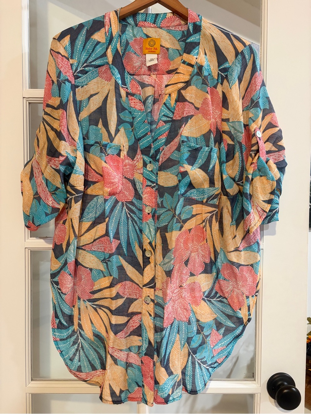 Ruby Rd Tropical Floral Blouse Navy Coral Resort Button Front Roll Tab Sz 1X